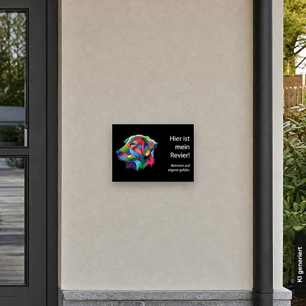 KI-generiertes Anwendungsbeispiel für Schild Warnung Retriver - Betreten auf eigene Gefahr: Schild klein und realistisch am passenden Einsatzort dargestellt.