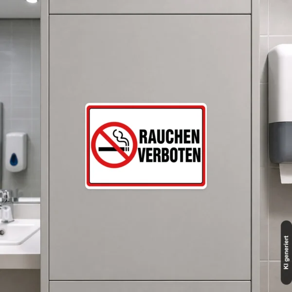 KI-generiertes Anwendungsbeispiel: Rauchen verboten Aufkleber im Querformat an einer Glastür mit rotem Verbotssymbol und schwarzem Text.