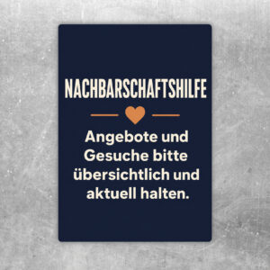 Nachbarschaftshilfe Aufkleber im Hochformat mit Pinnwand, Notizzetteln und Hinweis zu Angeboten und Gesuchen.