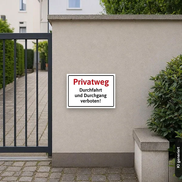 KI-generiertes Anwendungsbeispiel für Schild Privatweg - Durchfahrt und Durchgang verboten: Schild klein und realistisch am passenden Einsatzort dargestellt.