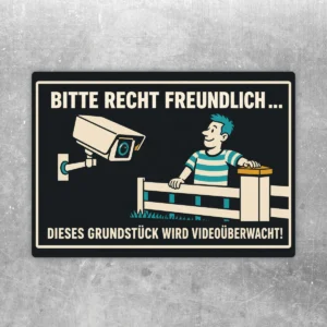 Aufkleber mit Überwachungskamera, freundlicher Figur und Text für das videoüberwachte Grundstück in Schwarz, Beige und Türkis.