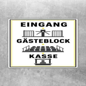 Hinweisaufkleber Eingang Gästeblock Kasse mit schwarzer Schrift, gelben Akzenten und Piktogrammen auf weißem Grund.