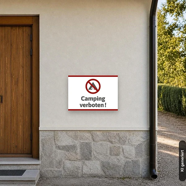 KI-generiertes Anwendungsbeispiel für Schild Camping verboten: Schild klein und realistisch am passenden Einsatzort dargestellt.