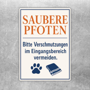 Saubere Pfoten Aufkleber mit Tür, Fußmatte, Pflanzen und Hinweis gegen Verschmutzungen im Eingangsbereich.
