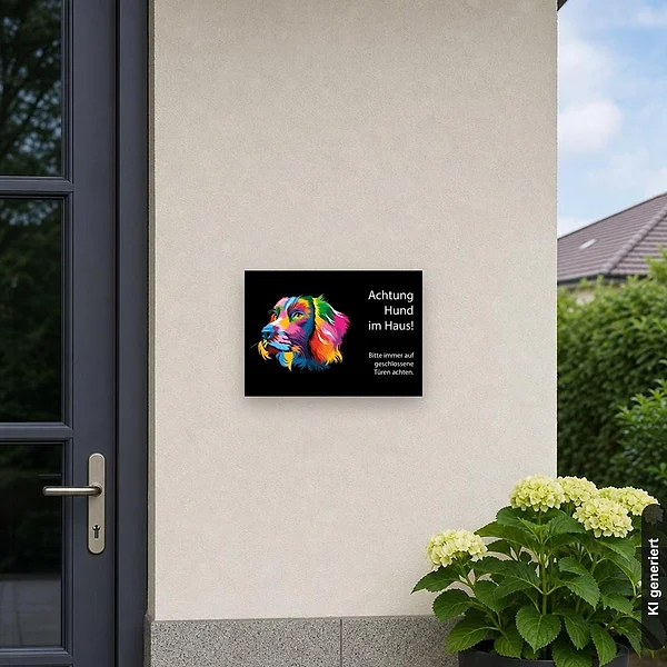 KI-generiertes Anwendungsbeispiel für Schild Spaniel Achtung Hund im Haus: Schild klein und realistisch am passenden Einsatzort dargestellt.