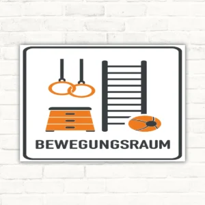 Bewegungsraum-Schild mit Sportsymbolen und dem Schriftzug BEWEGUNGSRAUM als hochwertiges Hinweisschild.