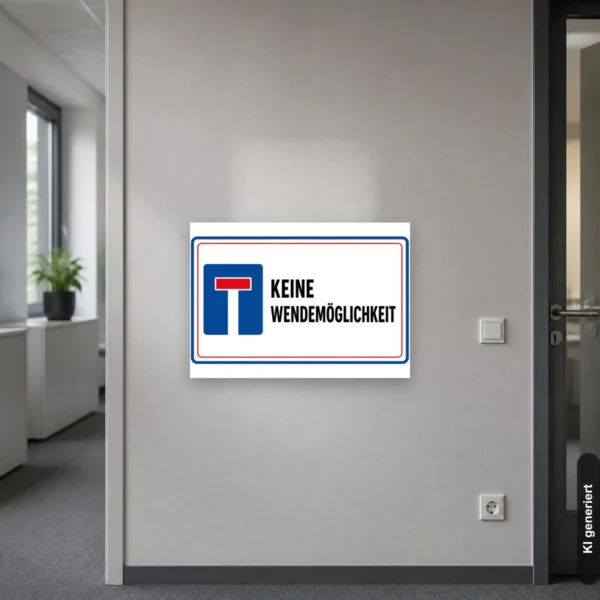 KI-generiertes Anwendungsbeispiel: Hinweisschild „Keine Wendemöglichkeit“ im Querformat an einer engen Hofeinfahrt zur Orientierung für Fahrer.
