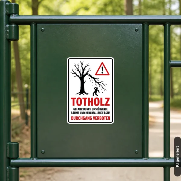 KI-generiertes Anwendungsbeispiel: Totholz Durchgang verboten Aufkleber an einem Zaun nahe einem gesperrten Waldweg mit Warnsymbol und roter Schrift.