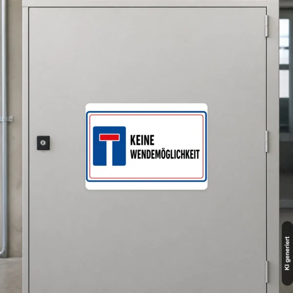 KI-generiertes Anwendungsbeispiel: Hinweisaufkleber Keine Wendemöglichkeit im Querformat an einer Zufahrt mit blau-rotem Symbol und schwarzer Beschriftung.