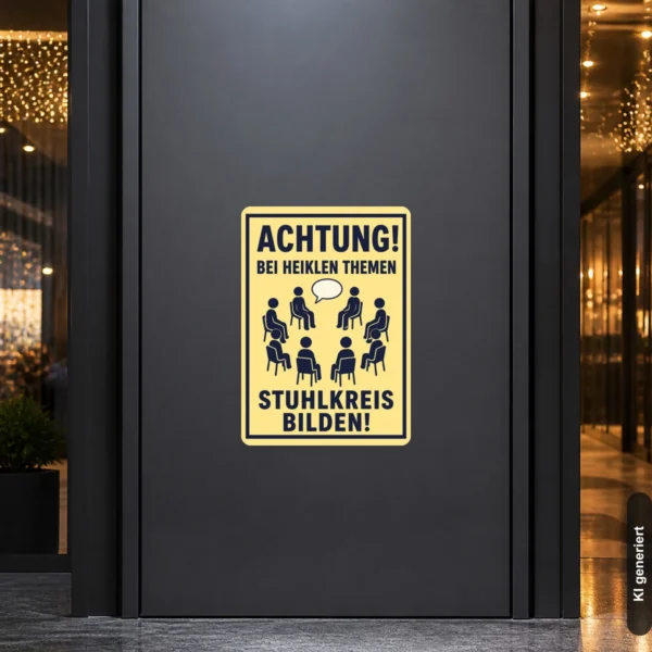 KI-generiertes Anwendungsbeispiel: Gelb-dunkelblauer Stuhlkreis bilden Aufkleber auf einer Bürotür für heikle Gespräche.