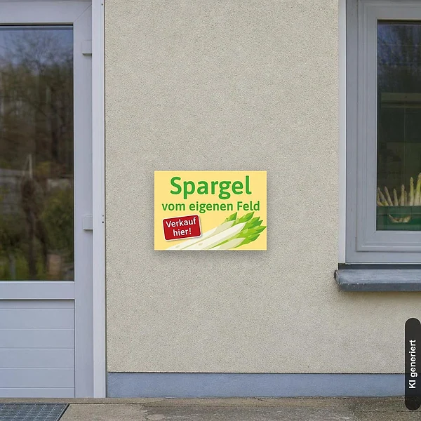 KI-generiertes Anwendungsbeispiel für Schild Spargel vom eigenen Feld: Schild klein und realistisch am passenden Einsatzort dargestellt.