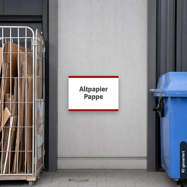 KI-generiertes Anwendungsbeispiel für Altpapier Pappe Schild – Hinweisschild für Mülltrennung: Schild klein und realistisch am passenden Einsatzort dargestellt.