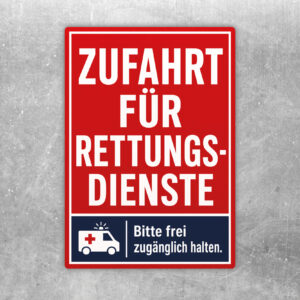 Zufahrt für Rettungsdienste frei zugänglich halten Aufkleber mit Illustration einer freien Einfahrt und Hinweistext.