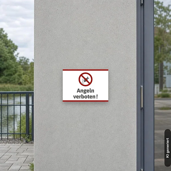 KI-generiertes Anwendungsbeispiel für Schild Angeln verboten Nicht angeln: Schild klein und realistisch am passenden Einsatzort dargestellt.