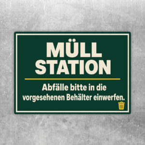 Müllstation Aufkleber mit Tonnen, Person und Text Abfälle bitte in die vorgesehenen Behälter einwerfen.