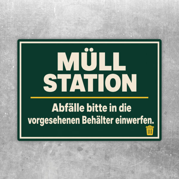 Müllstation Aufkleber mit Tonnen, Person und Text Abfälle bitte in die vorgesehenen Behälter einwerfen.