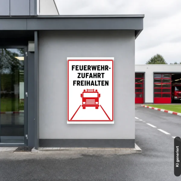 KI-generiertes Anwendungsbeispiel: Feuerwehrzufahrt freihalten Schild im Hochformat mit rotem Feuerwehrwagen, schwarzem Text und roter Umrandung an einer Einfahrt.