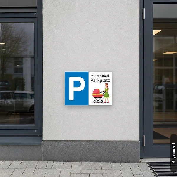 KI-generiertes Anwendungsbeispiel für Schild Parkplatzschild Mutter und Kind Kinderwagen Parken: Schild klein und realistisch am passenden Einsatzort dargestellt.