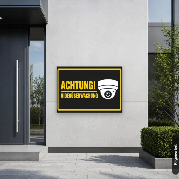 KI-generiertes Anwendungsbeispiel: Achtung Videoüberwachung Schild im Querformat an einem Eingang mit gelbem Warnrahmen und Kamera-Icon.