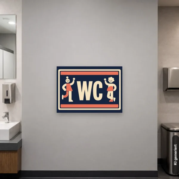 KI-generiertes Anwendungsbeispiel: WC Schild im Querformat an einer Flurtür mit Damen- und Herren-Symbolen für klare Orientierung.