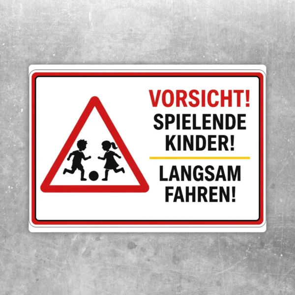 Vorsicht spielende Kinder Aufkleber mit rotem Warnsymbol und Text langsam fahren für Einfahrt oder Hof