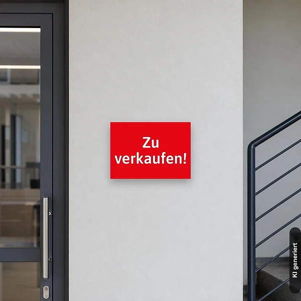 KI-generiertes Anwendungsbeispiel für Schild Zu verkaufen Hinweis rot auffällig: Schild klein und realistisch am passenden Einsatzort dargestellt.
