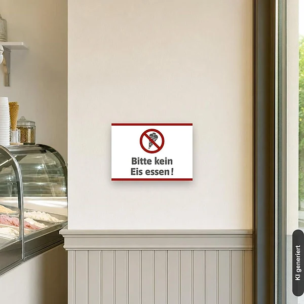 KI-generiertes Anwendungsbeispiel für Schild Bitte kein Eis essen: Schild klein und realistisch am passenden Einsatzort dargestellt.