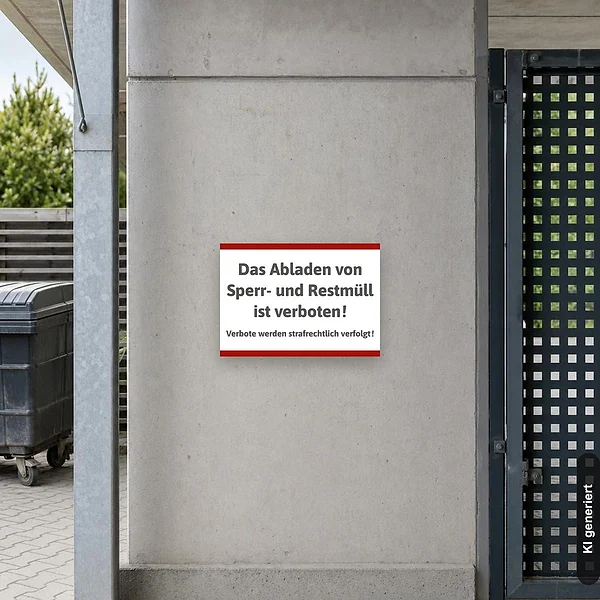 KI-generiertes Anwendungsbeispiel für Sperrmüll und Restmüll abladen verboten Schild: Schild klein und realistisch am passenden Einsatzort dargestellt.