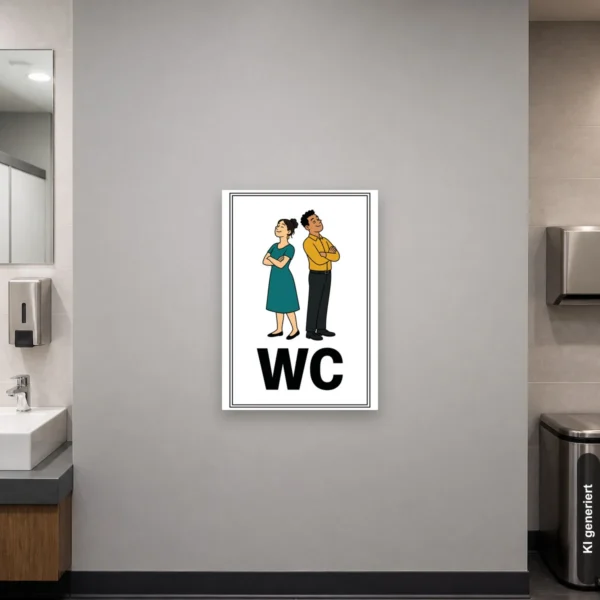 KI-generiertes Anwendungsbeispiel: WC Schild mit Symbolen für Damen und Herren am passenden Einsatzort mit gut sichtbarem Motiv und klarer Beschriftung.
