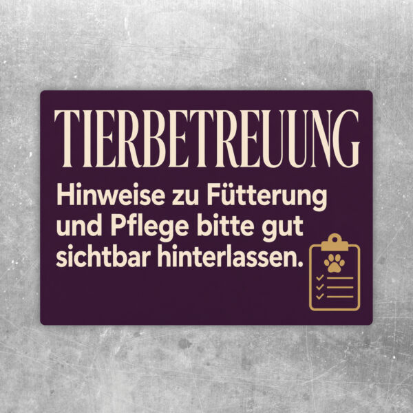 Tierbetreuung Aufkleber im Querformat mit Hund, Katze, Kaninchen und Hinweis zu Fütterung und Pflege.