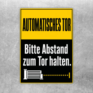 Automatisches Tor Aufkleber mit Torillustration, Auto und Hinweis Bitte Abstand zum Tor halten in Blau und Weiß.