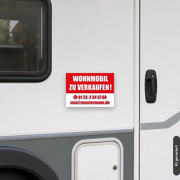 KI-generiertes Anwendungsbeispiel für Schild Wohnmobil zu verkaufen: Schild klein und realistisch am passenden Einsatzort dargestellt.