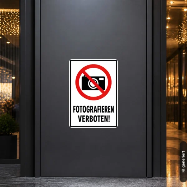KI-generiertes Anwendungsbeispiel: Fotografieren verboten Aufkleber an einer Glastür mit rotem Verbotssymbol und Kameramotiv.