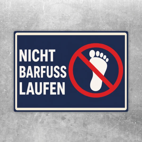 Querformat-Aufkleber mit rotem Verbotszeichen und Fußsymbol sowie dem Text „Nicht barfuß laufen“ auf blauem Hintergrund.