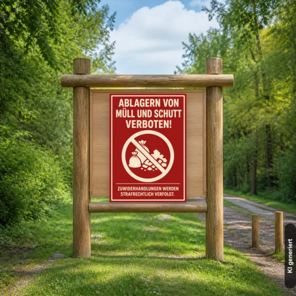 KI-generiertes Anwendungsbeispiel: Rotes Verbotsschild mit Text „Ablagern von Müll und Schutt verboten!“ an einer Hofeinfahrt.