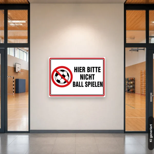 KI-generiertes Anwendungsbeispiel: Verbotsschild mit Fußballsymbol und dem Text „Hier bitte nicht Ball spielen“ für Hauswand oder Zaun.
