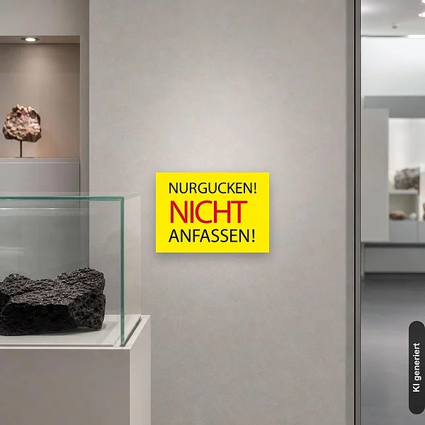 KI-generiertes Anwendungsbeispiel für Schild nur gucken nicht anfassen Hinweis: Schild klein und realistisch am passenden Einsatzort dargestellt.