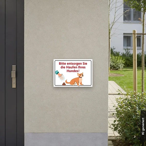 KI-generiertes Anwendungsbeispiel für Schild Bitte entsorgen Sie die Haufen Ihres Hundes: Schild klein und realistisch am passenden Einsatzort dargestellt.
