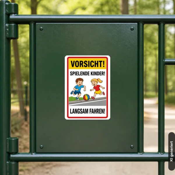 KI-generiertes Anwendungsbeispiel: Vorsicht spielende Kinder Aufkleber auf einer glatten Fläche mit gut sichtbarem Warnmotiv in Rot, Gelb, Weiß und Schwarz