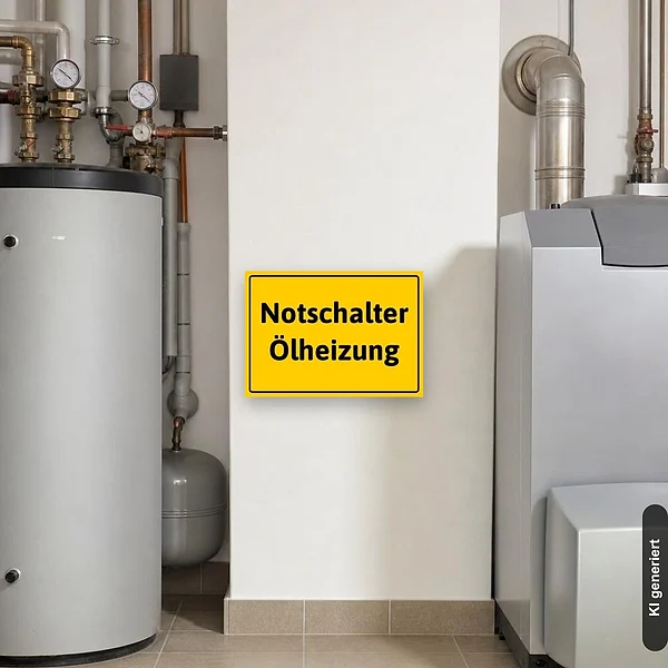 KI-generiertes Anwendungsbeispiel für Schild Achtung Notschalter Ölheizung: Schild klein und realistisch am passenden Einsatzort dargestellt.
