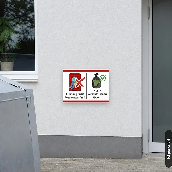 KI-generiertes Anwendungsbeispiel für Altkleider Schild – Kleidung nicht lose einwerfen, nur in verschlossenen Säcken: Schild klein und realistisch am passenden Einsatzort dargestellt.