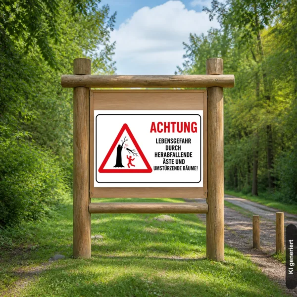 KI-generiertes Anwendungsbeispiel: Warnschild „Achtung Lebensgefahr durch herabfallende Äste und umstürzende Bäume“ an einem Waldweg.