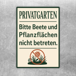 Privatgarten Aufkleber mit Gartenmotiv und Text Bitte Beete und Pflanzflächen nicht betreten in Creme und Grün.