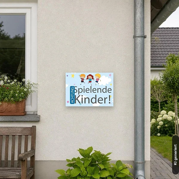 KI-generiertes Anwendungsbeispiel für Schild Achtung Spielende Kinder mit Kindern bunt: Schild klein und realistisch am passenden Einsatzort dargestellt.