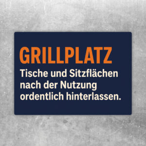 Grillplatz Aufkleber im Querformat mit Hinweis, Tische und Sitzflächen nach der Nutzung ordentlich zu hinterlassen.