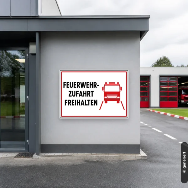 KI-generiertes Anwendungsbeispiel: Feuerwehrzufahrt freihalten Schild am passenden Einsatzort mit gut sichtbarem Motiv und klarer Beschriftung.