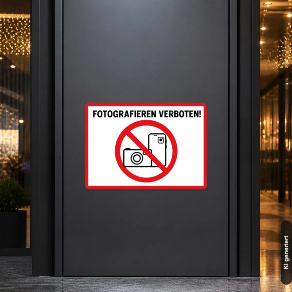 KI-generiertes Anwendungsbeispiel: Fotografieren verboten Aufkleber an einer Glastür mit rotem Verbotssymbol und schwarzem Kameramotiv.