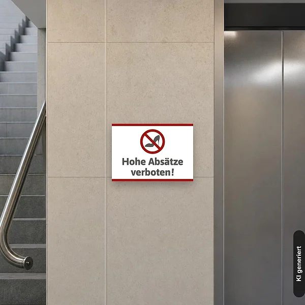 KI-generiertes Anwendungsbeispiel für Schild Hohe Absätze verboten: Schild klein und realistisch am passenden Einsatzort dargestellt.