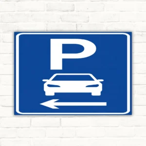 Parkplatzschild mit Pfeil links mit gut lesbarem Motiv und klarer Beschriftung als bedrucktes Schild aus Aluminium-Verbundplatte.