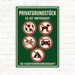 Privatgrundstück Verbotsschild – Zutritt und Nutzung untersagt mit gut lesbarem Motiv und klarer Beschriftung als bedrucktes Schild aus Aluminium-Verbundplatte.